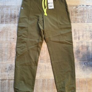 Figs Olive Jogger Scrub Pants with Neon Yellow Drawstring